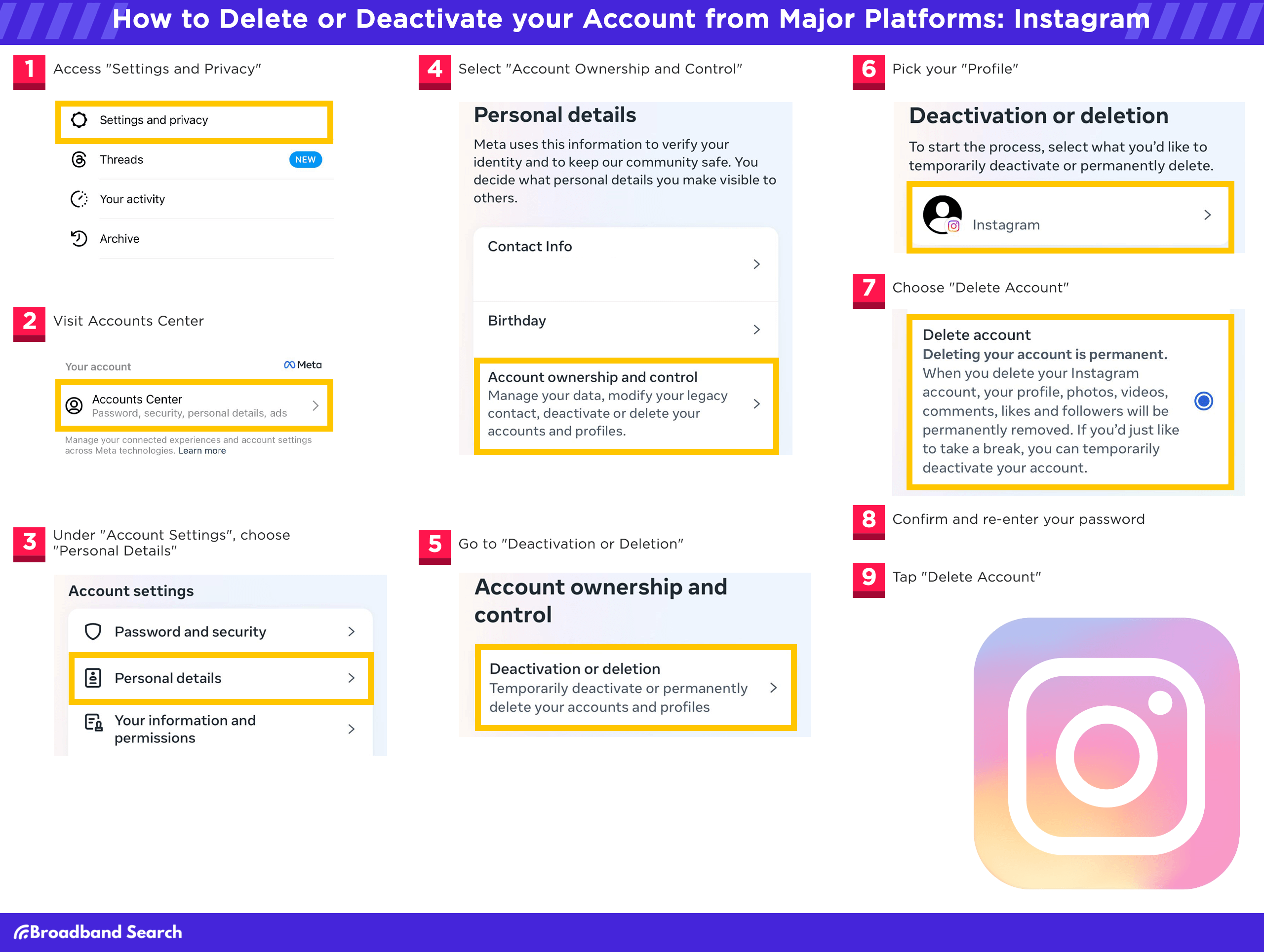 Steps on how to delete or deactivate your account from major platforms like Instagram